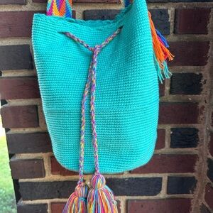 Turquoise Cotton crocheted bag with colorful accents